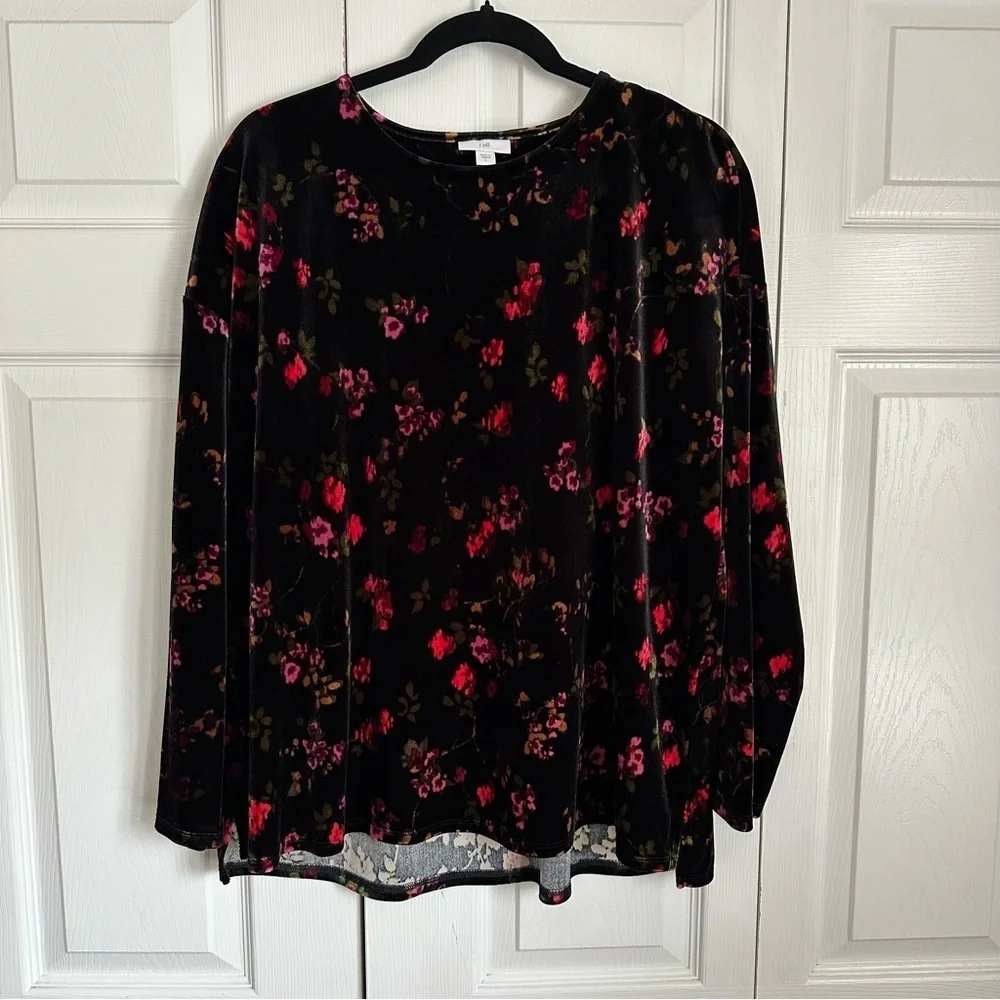 J Jill Shirt Womens L Black Velvet Dark Floral Long Sleeve Stretch Pullover Boho